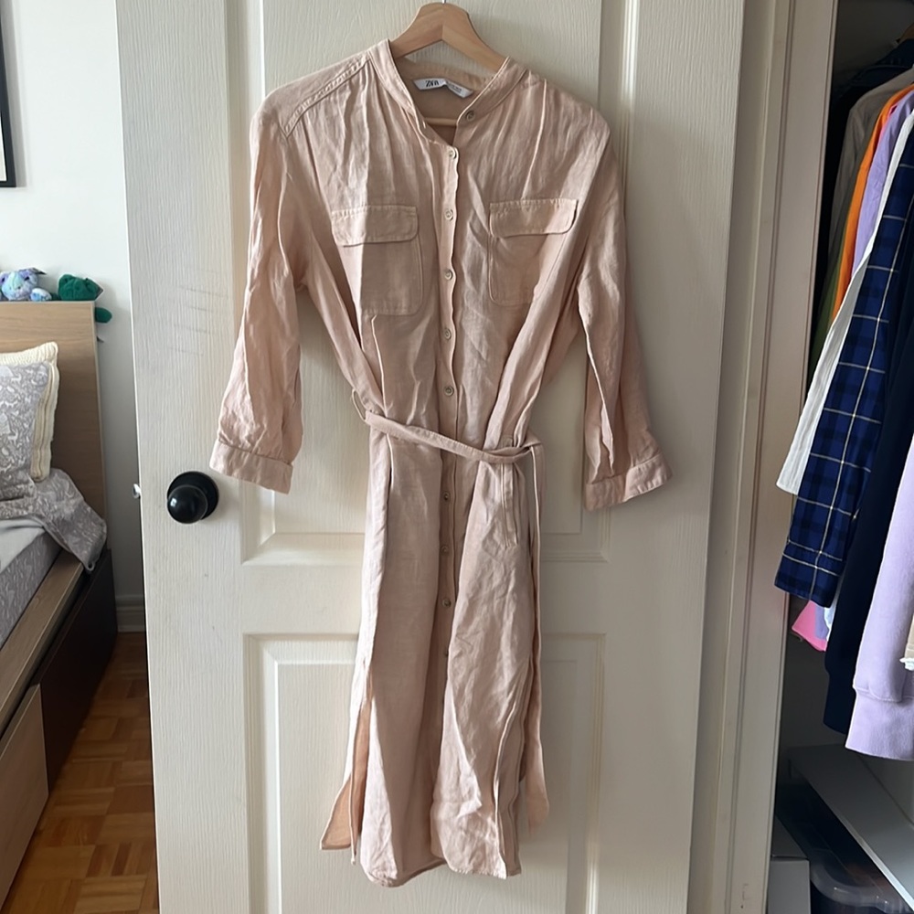 BNWOT Zara linen tie up dress in size XS, colour beige